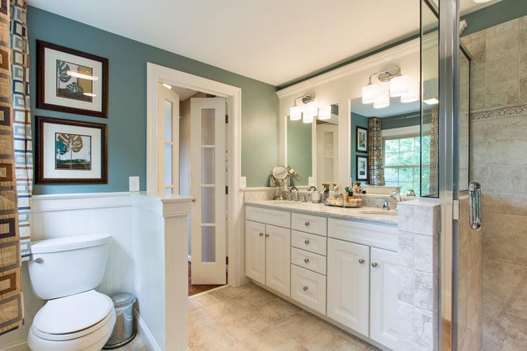 midrange bathroom remodel with blue walls in connecticut